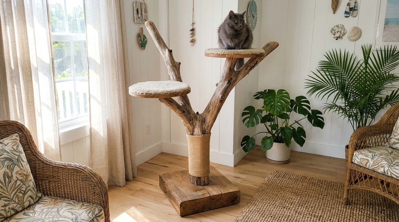 Ernest Hemingway cats inspired driftwood cat tree with round platforms