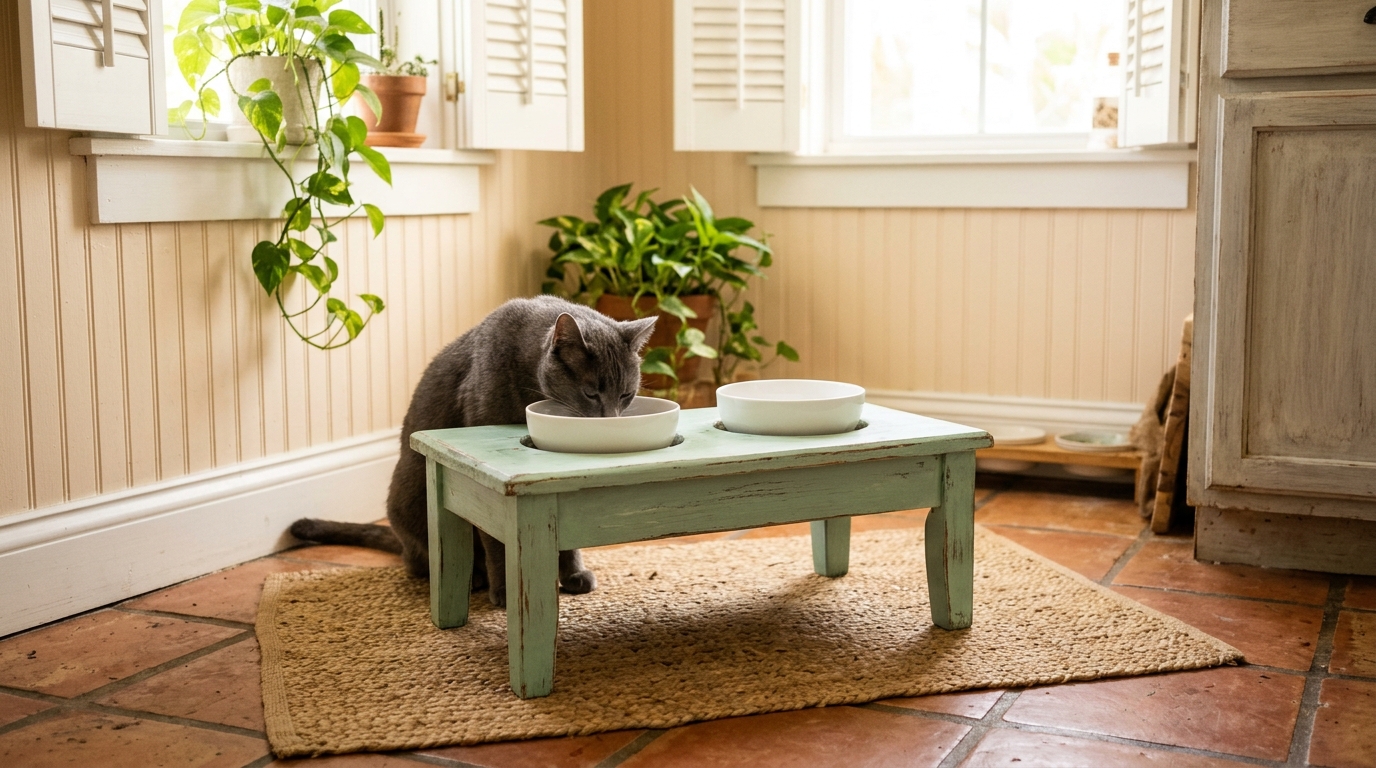 Grey cat eating from a painted side table feeding station with two bowls