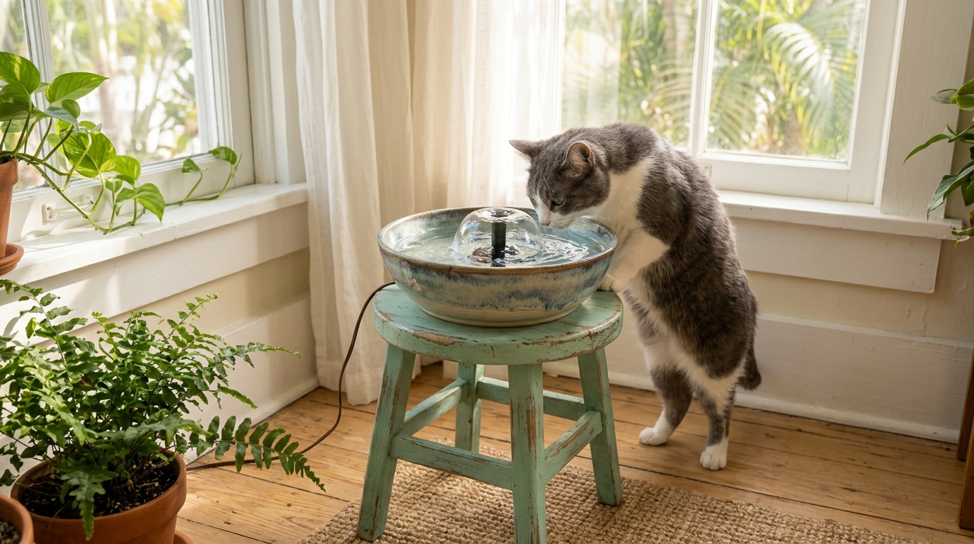 Ernest Hemingway cats inspired water fountain bowl on a painted stool