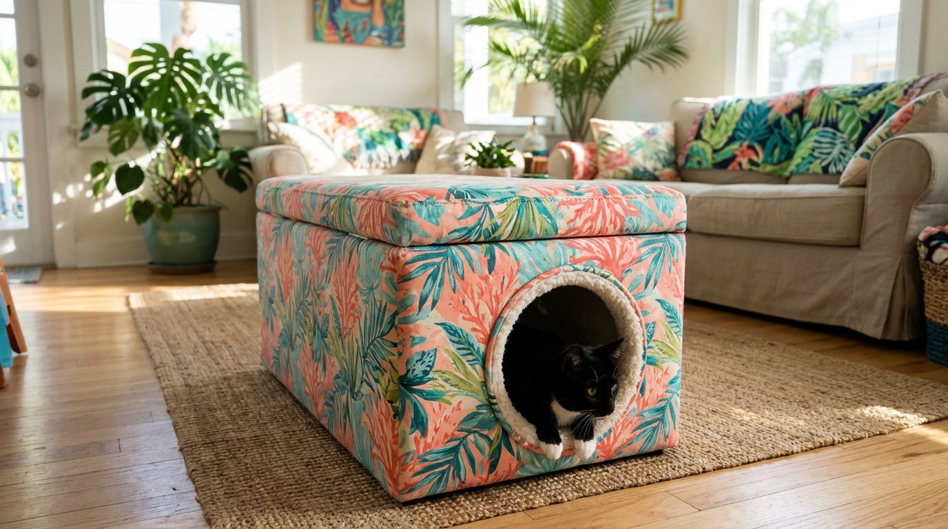 Black cat peeking from a round opening in a tropical print storage ottoman