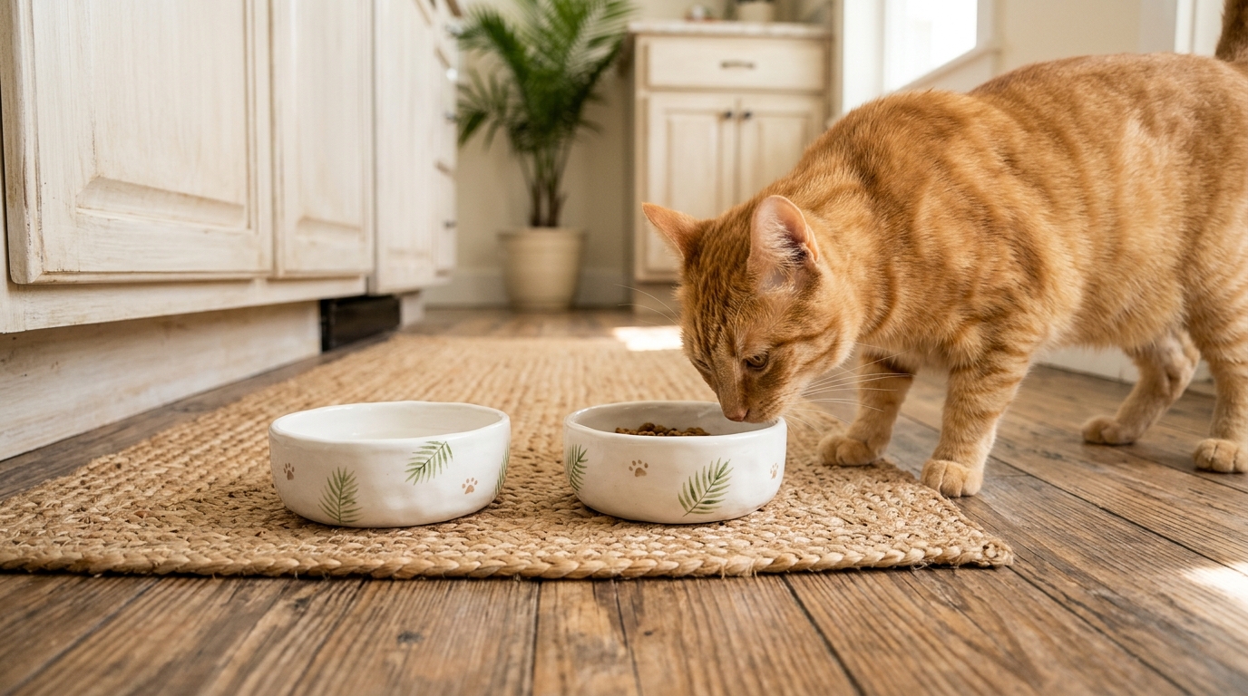 Orange tabby cat eating from hand painted ceramic bowls with palm leaves