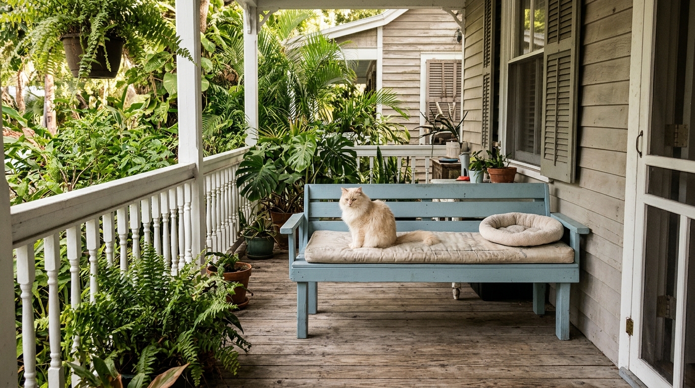 Cream cat sitting on a pale blue painted porch bench with a small cat bed