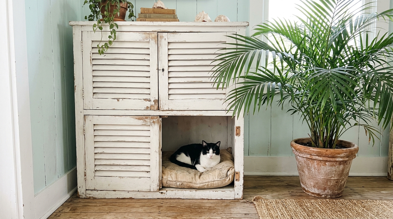 Black and white cat resting inside an old white louvered cabinet