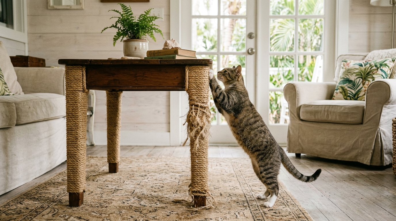 Tabby cat scratching a side table leg wrapped in sisal rope