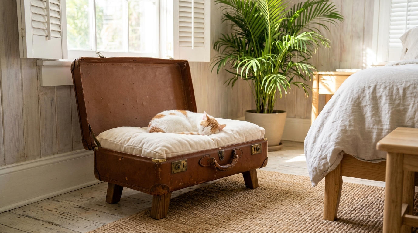 White and orange cat napping on a cushion in an old leather suitcase cat bed on legs