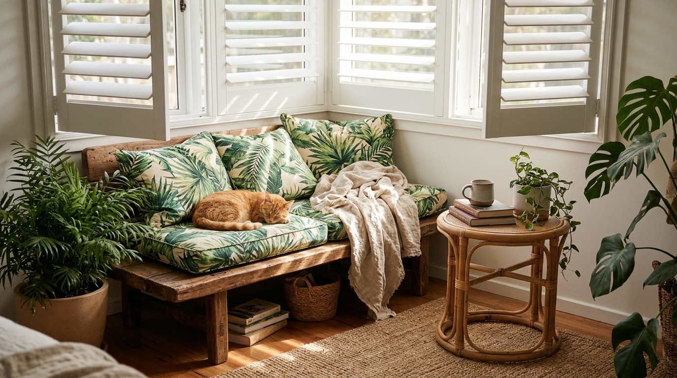Ginger cat asleep on a bench piled with palm leaf print cushions under shutters