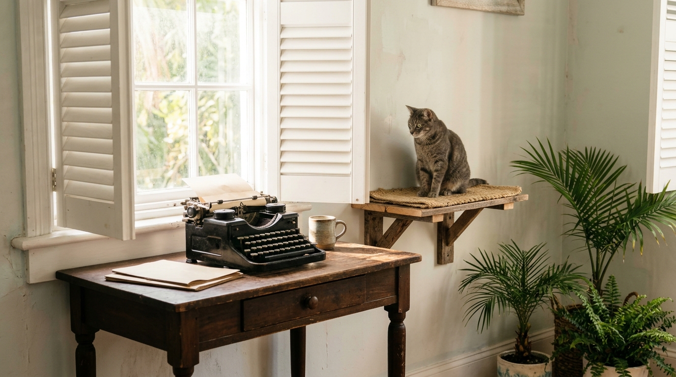 Grey tabby cat on a small wall shelf perch beside a desk with an old typewriter