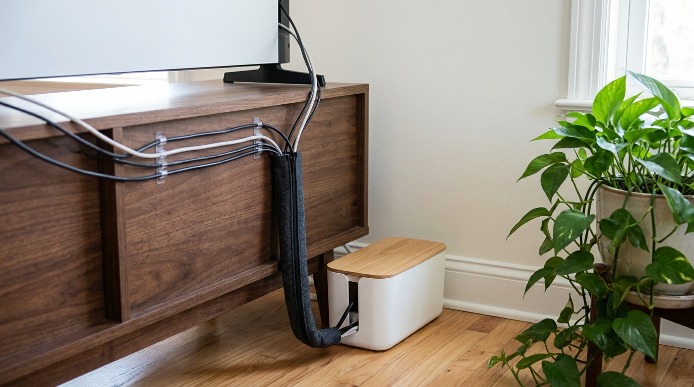 Cords behind a TV console bundled neatly with clips and a cord sleeve