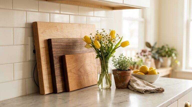 Hide kitchen eyesores with wooden cutting boards leaning over a wall outlet behind a vase of tulips