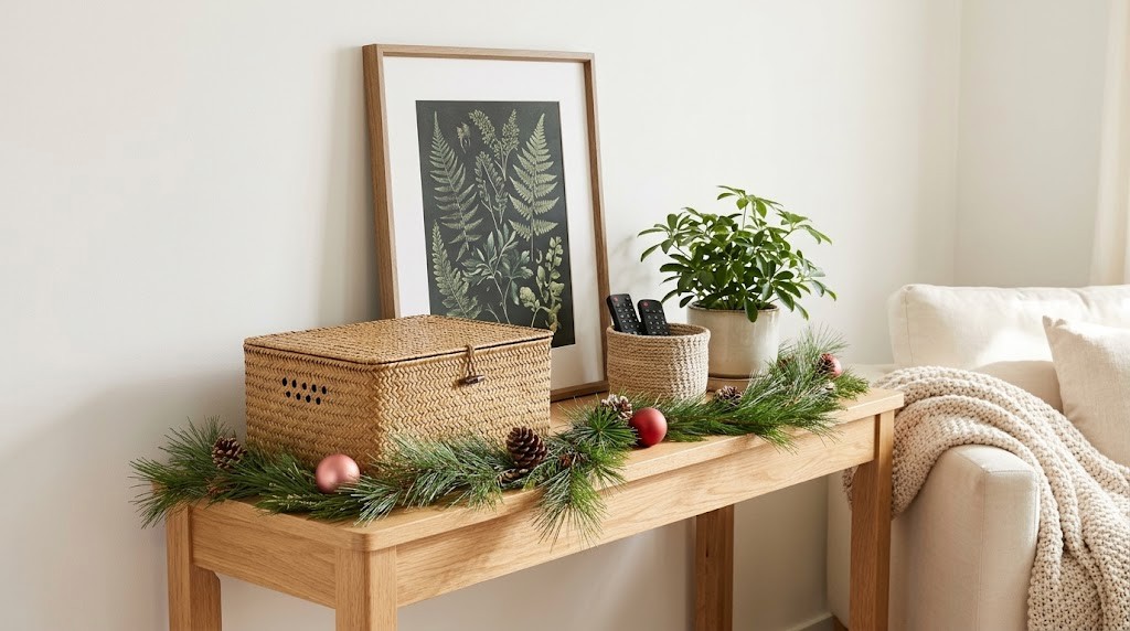 Hide living room eyesores: woven box hiding a router on a console with art, plant and pine garland