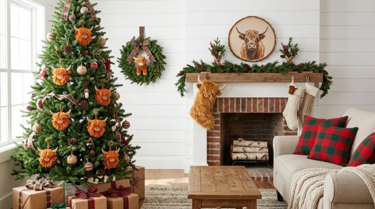 Highland cow Christmas decor in a farmhouse living room with yarn cow ornaments, a cow stocking and a painted wood slice