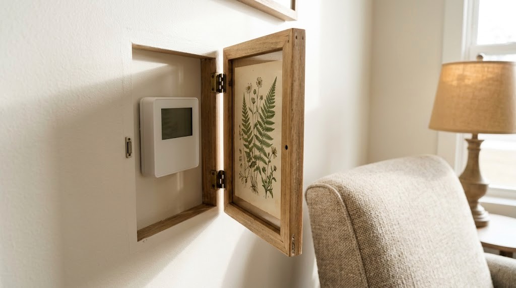 Hinged picture frame swung open to show a thermostat behind it