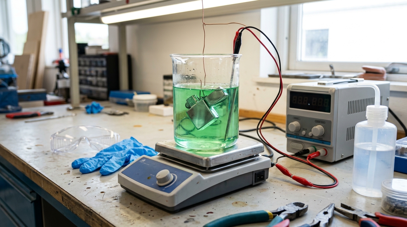 A small hobby nickel plating setup with a green solution beaker on a stirrer and a power supply