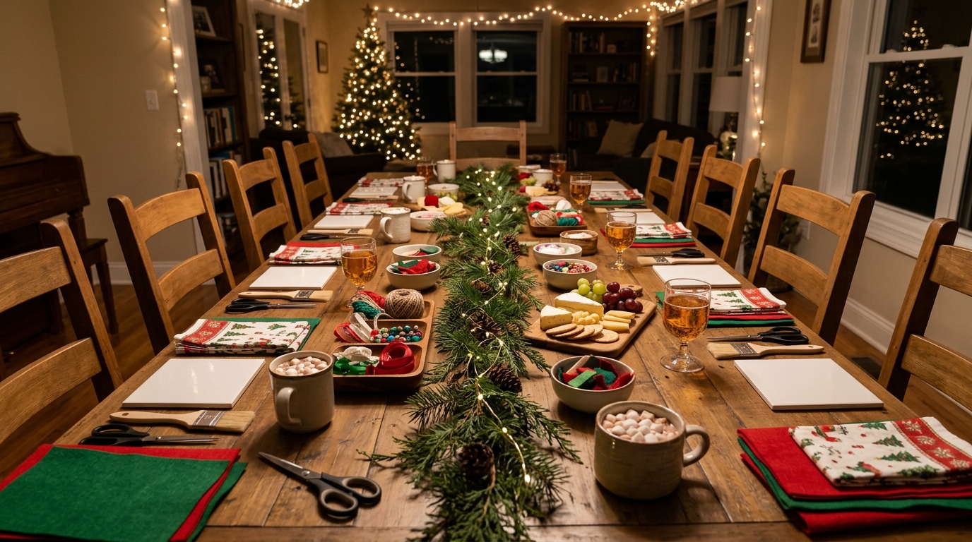 Long wooden table set for a holiday craft night with supplies, snacks, cocoa and fairy lights