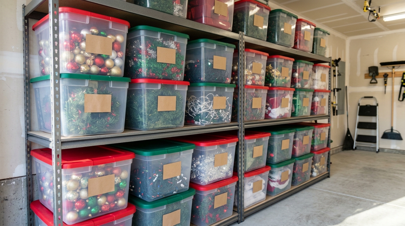 Brilliant organizing ideas: clear holiday decor bins with red and green lids on garage shelves