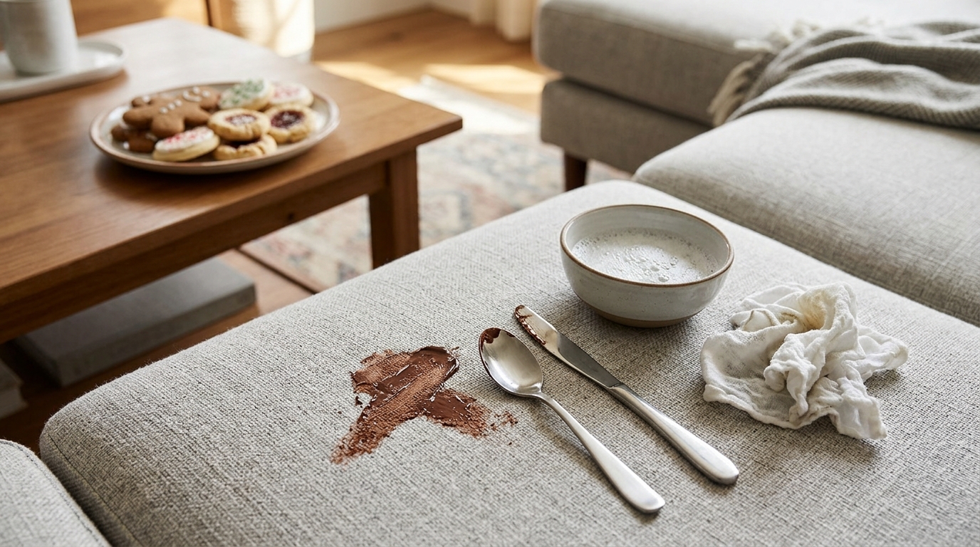 Chocolate smear on a gray sofa cushion with a spoon and white cloth
