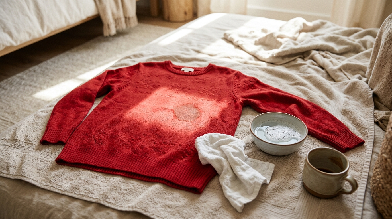 Red sweater with a coffee stain laid flat beside a bowl of cool soapy water