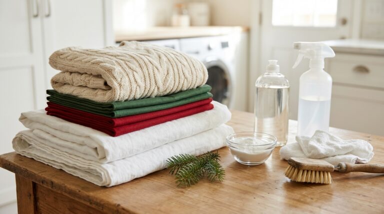 Holiday stain removal kit with dish soap, baking soda and clean white cloths beside folded linens