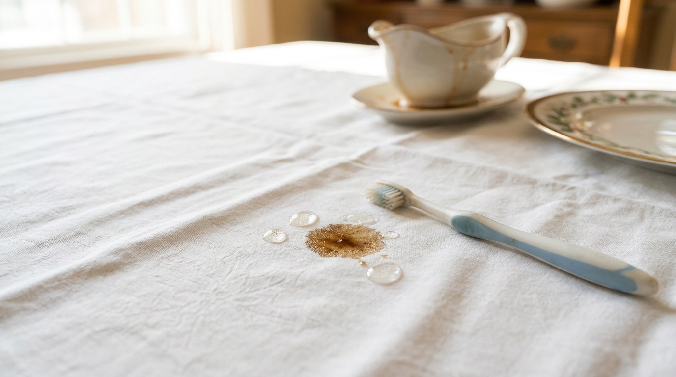 Holiday stain removal for a gravy spot on a white tablecloth with dish soap