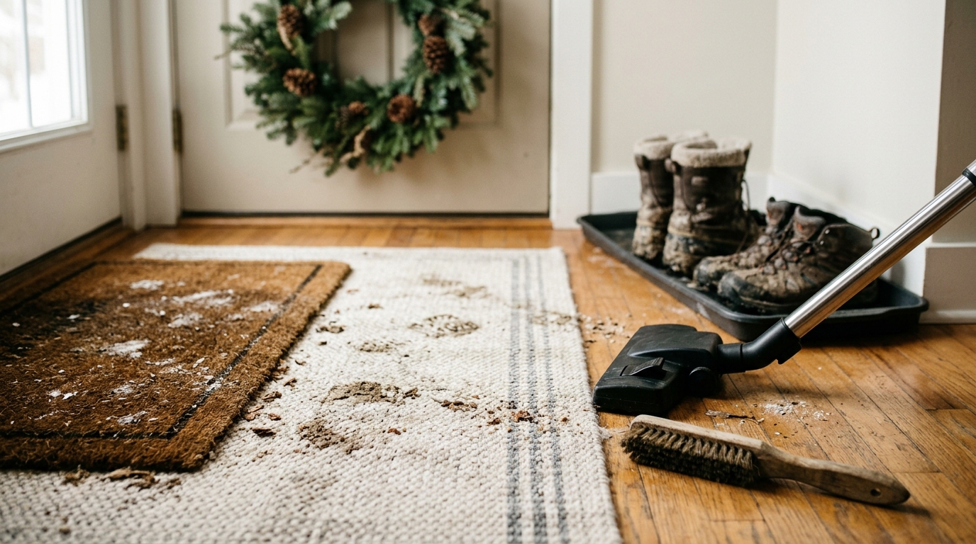 Dried winter mud on an entry rug with a vacuum and a stiff brush