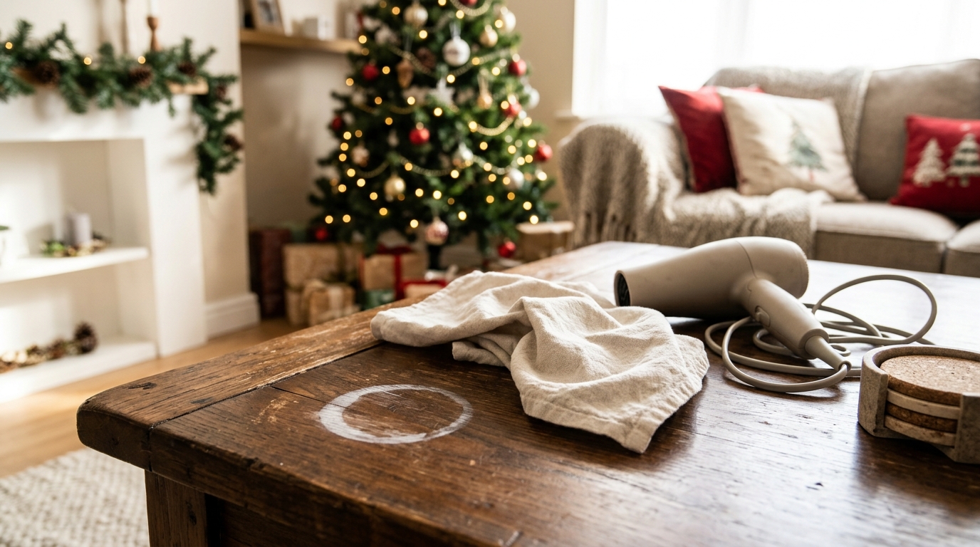 White water ring on a wooden coffee table with a cloth and hair dryer