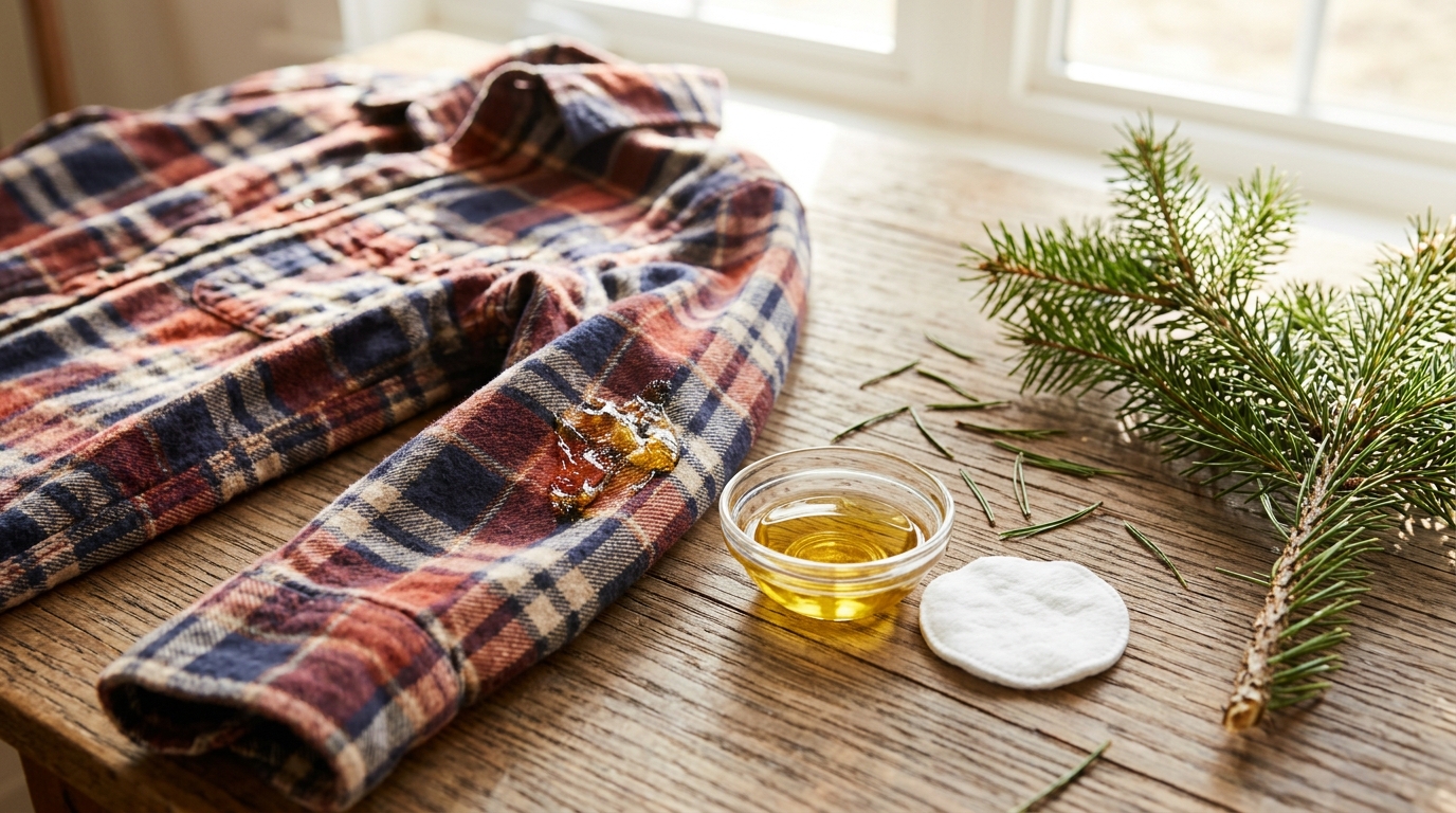 Holiday stain removal for pine sap on a flannel shirt using cooking oil
