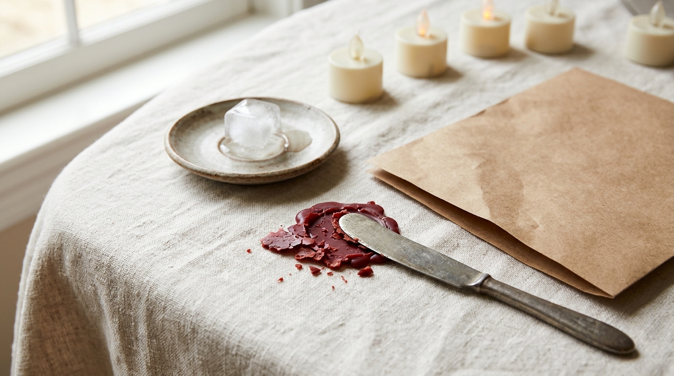Old hardened wax lifted from a linen tablecloth with a dull knife and an ice cube