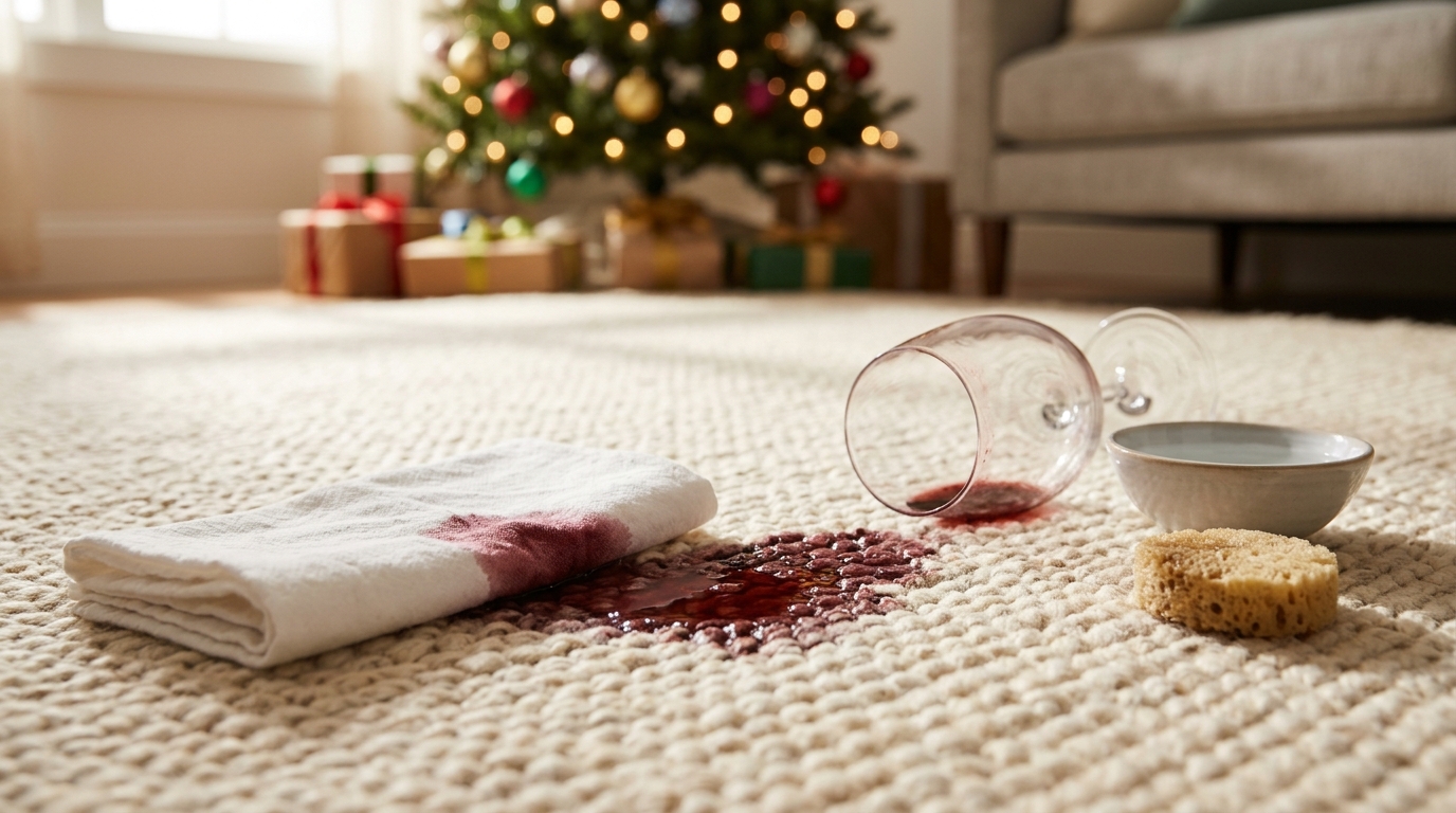 Holiday stain removal for a red wine spill on a cream rug with a white cloth