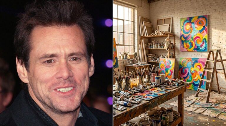 Hollywood stars who paint: Jim Carrey beside a sunlit art studio full of colorful canvases