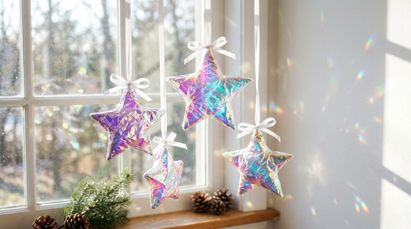 Holographic film star ornaments hanging in a sunny window