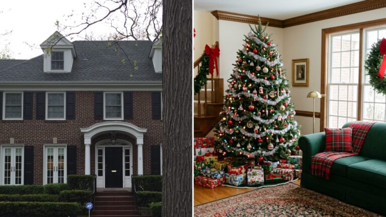 Home Alone house Christmas look with the real red brick house beside a cozy red and green living room