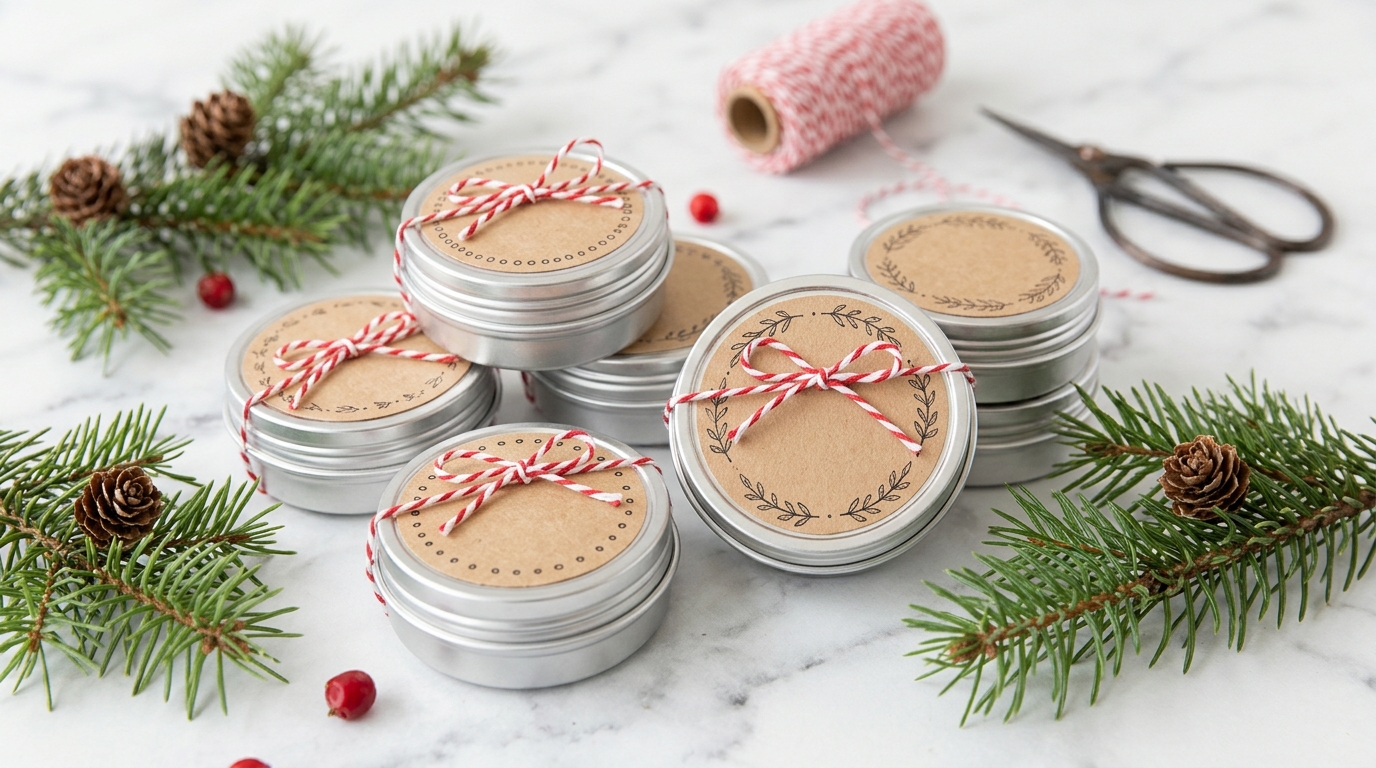 DIY stocking stuffers idea: homemade lip balm in mini silver tins tied with red and white twine