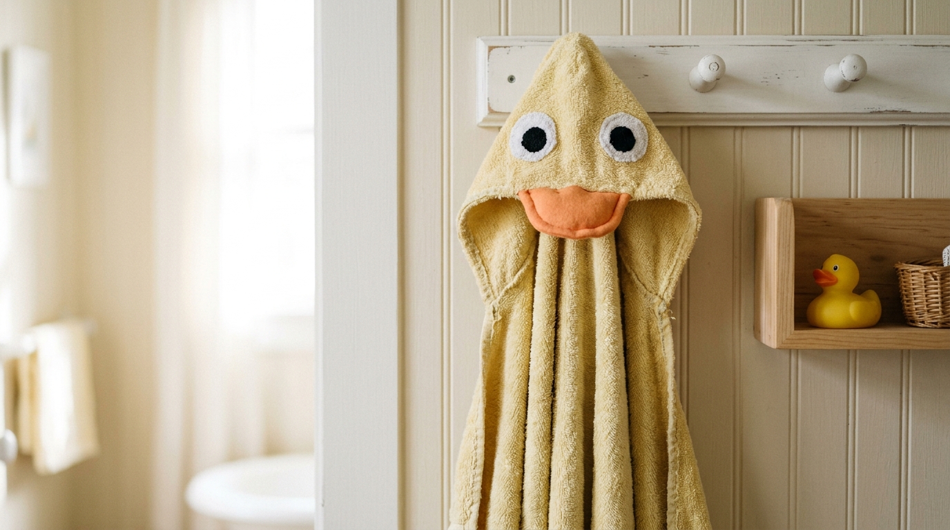 A yellow hooded toddler towel with a duck face hanging on a white hook in a bathroom