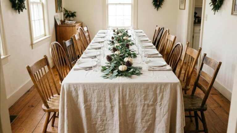 Holiday hosting hacks long table made from two tables under one linen cloth