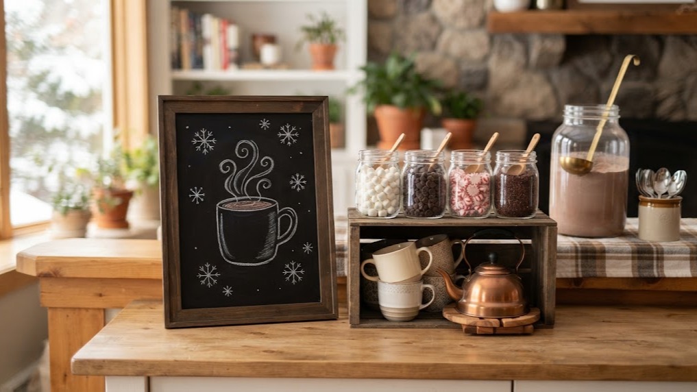 A wood framed chalkboard with a chalk drawing of a steaming mug and snowflakes next to jars of toppings