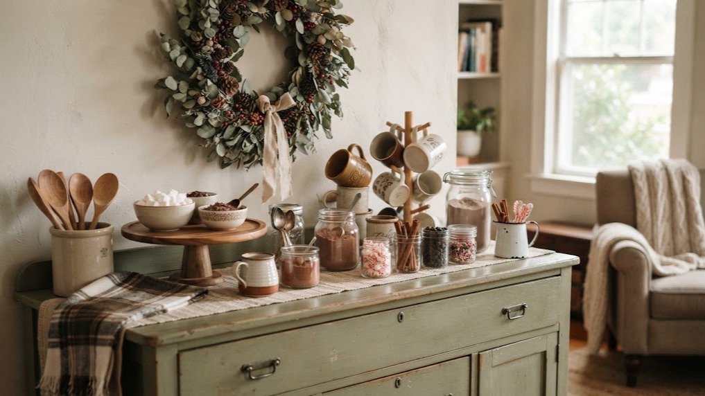 Hot cocoa bar ideas: an old dresser painted sage green styled with mugs, jars and a cake stand under a wreath