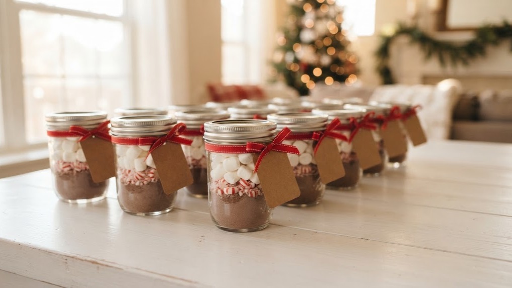 Mason jars filled with layered homemade cocoa mix and marshmallows tied with red ribbon