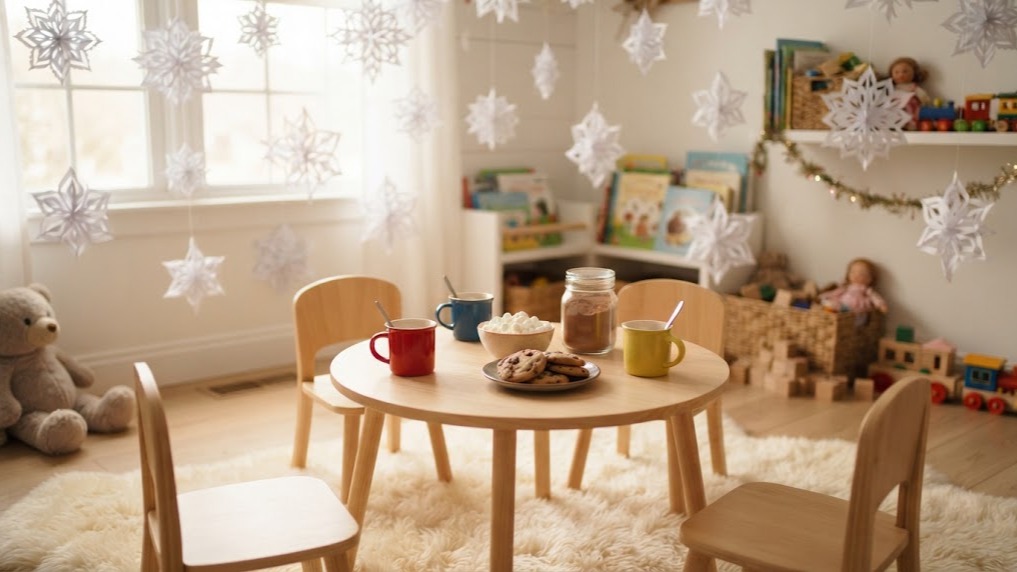 A low kid height hot cocoa corner with small mugs, marshmallows and cookies in a playroom