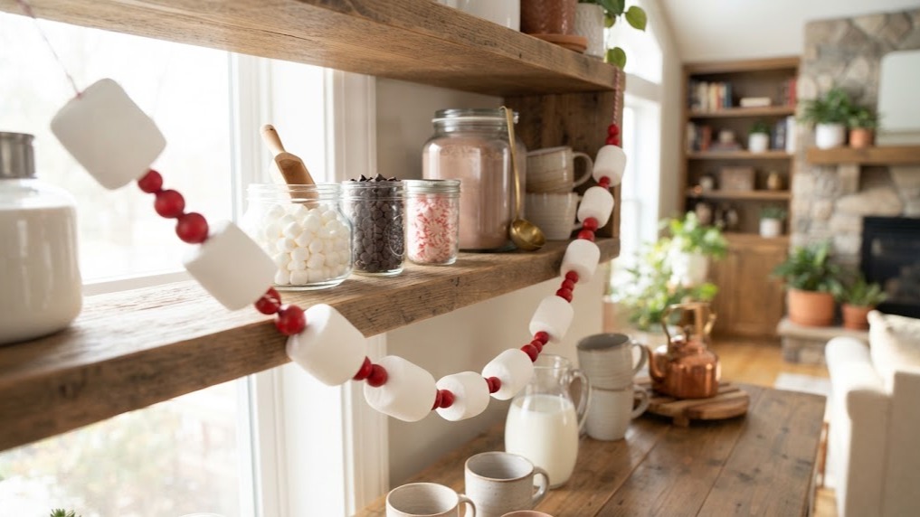 A garland of large marshmallows and red wooden beads draped along a cocoa station shelf