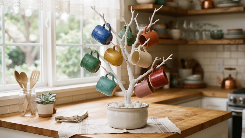 Hot cocoa bar ideas: a white painted branch mug tree in a pot of stones holding colorful mugs
