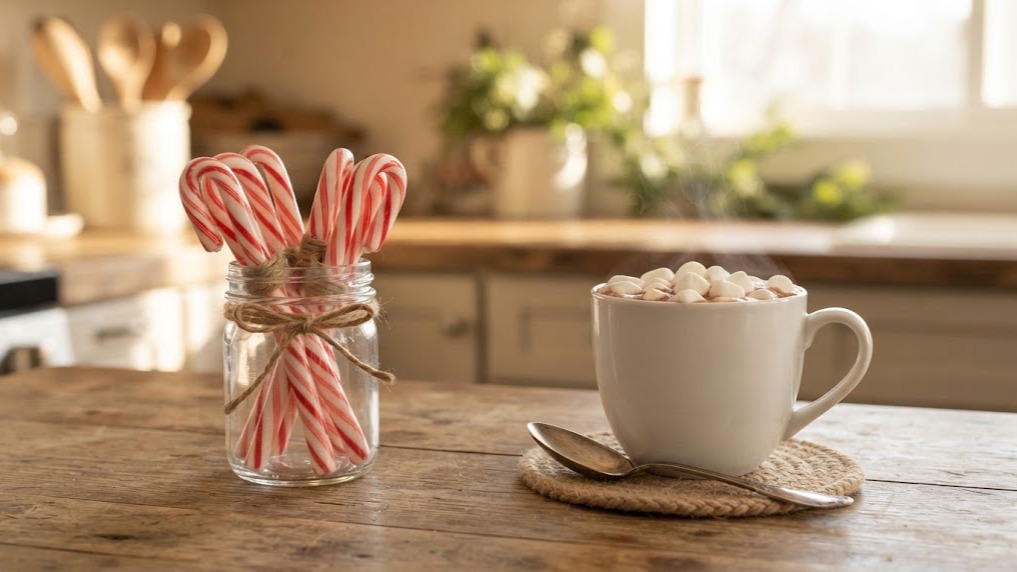 Bundles of peppermint stick stirrers tied with twine in a glass jar beside a mug of cocoa