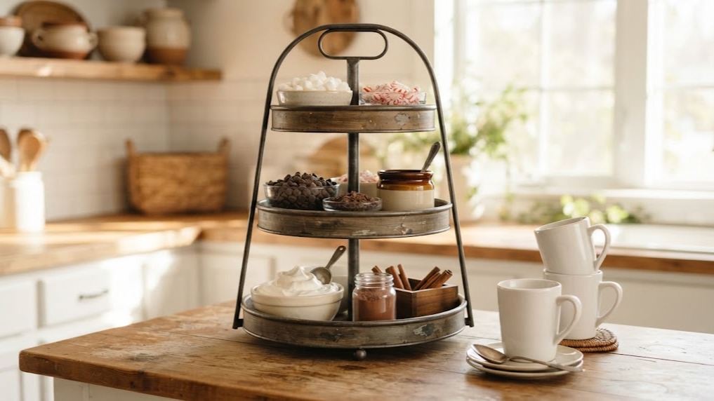 A three tier tray filled with marshmallows, crushed peppermint and chocolate chips beside white mugs