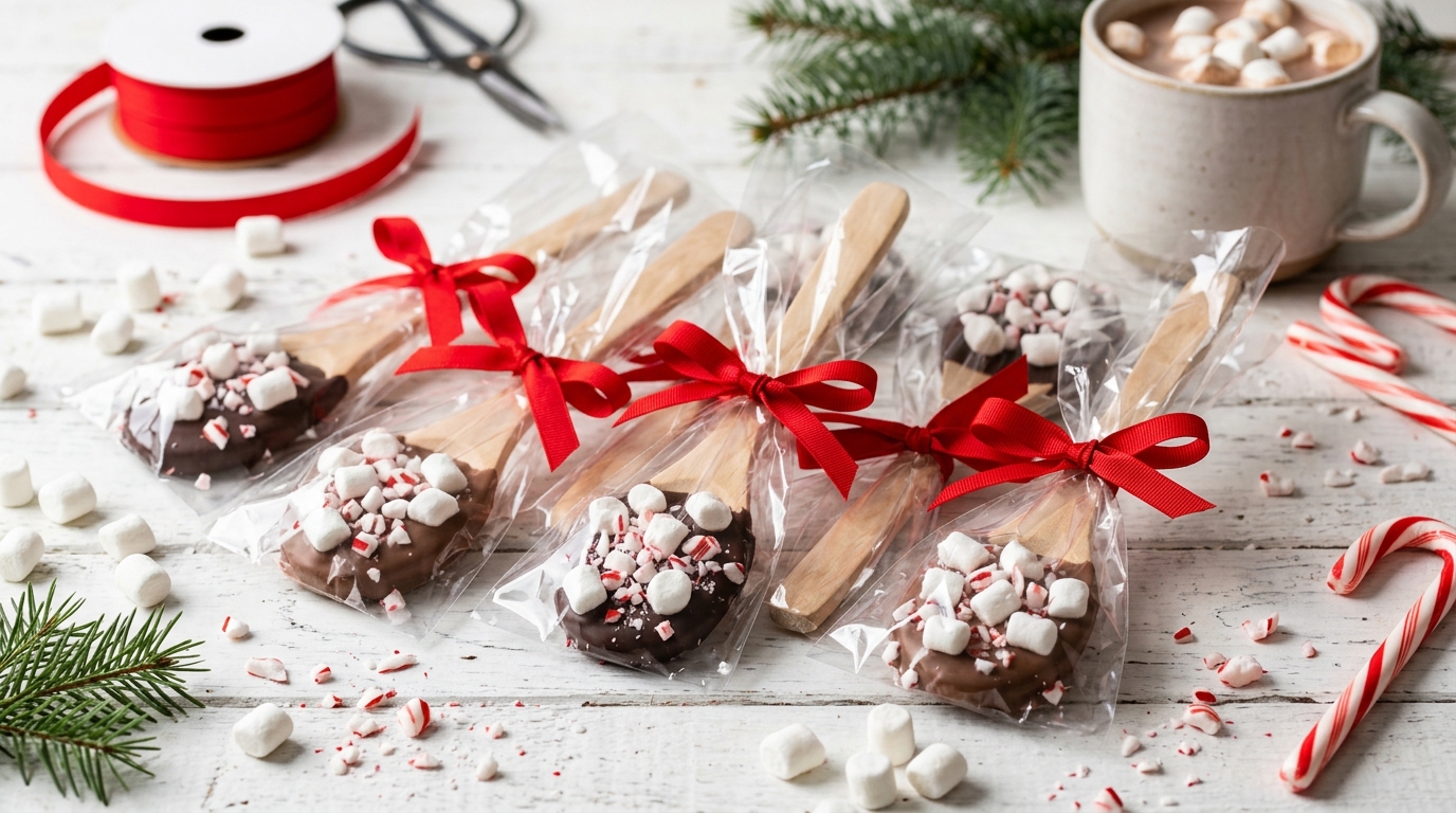 Chocolate dipped hot cocoa spoons with peppermint and marshmallows wrapped with red ribbon
