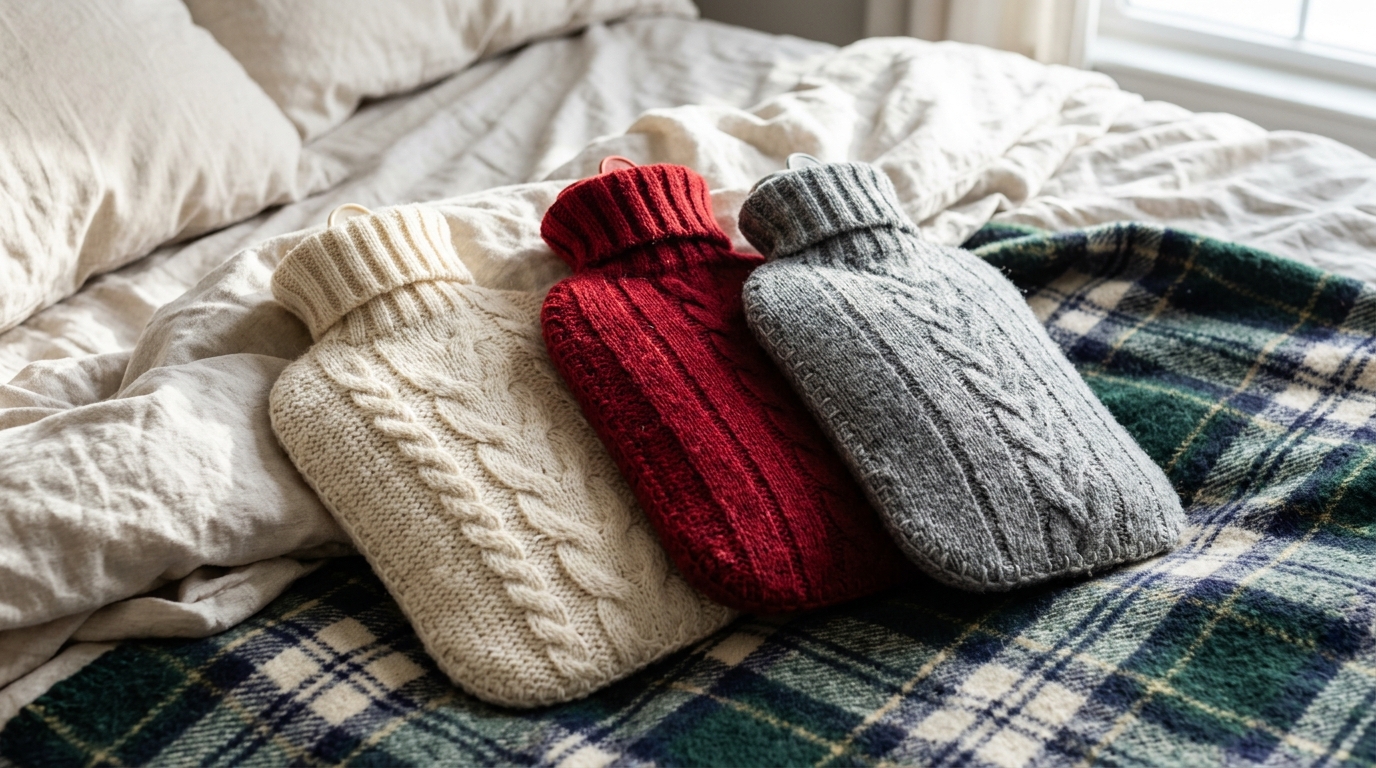 Benjamin Franklin winter hacks: hot water bottles in covers made from old cable knit sweaters