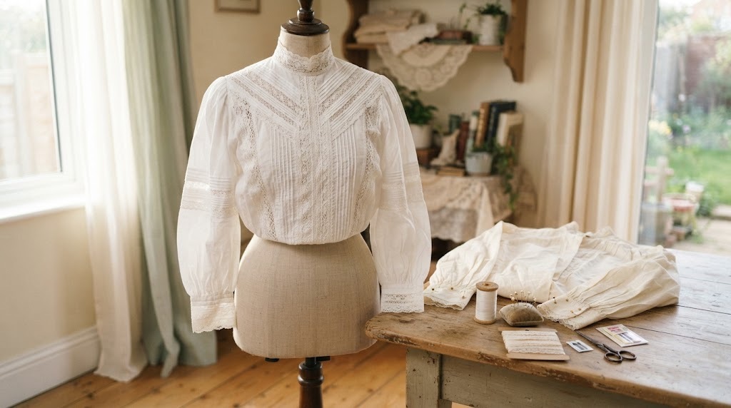 Historical sewing projects: white Edwardian blouse with lace insertion and pin tucks on a dress form