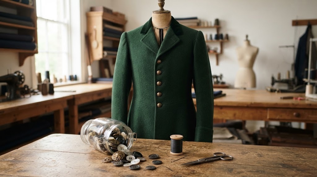 Historical sewing projects: restored green wool coat with brass style buttons and a jar of vintage buttons