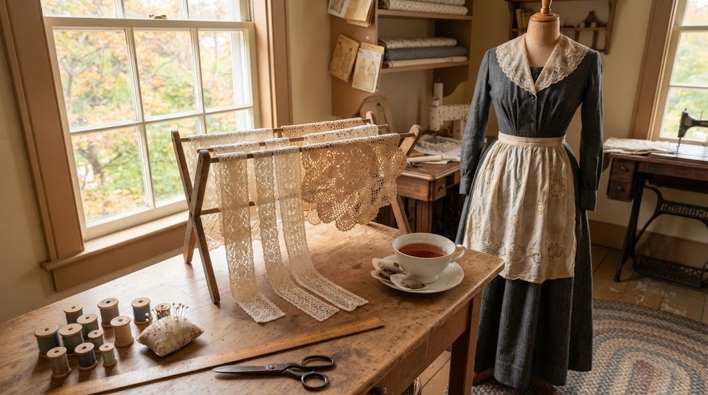 Tea dyed lace drying on a rack beside a dark seamstress costume with a lace apron