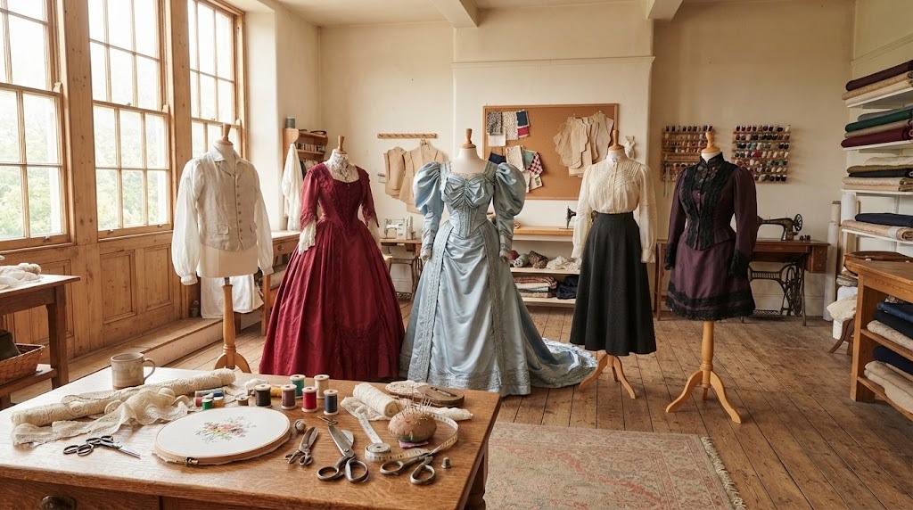 Historical sewing projects on dress forms: a blue 1890s ball gown, a red Victorian gown, a lace blouse and a walking skirt