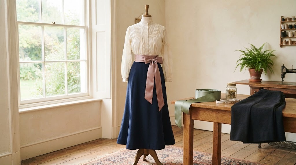 Edwardian outfit with a cream blouse, long navy skirt and dusty rose waist sash
