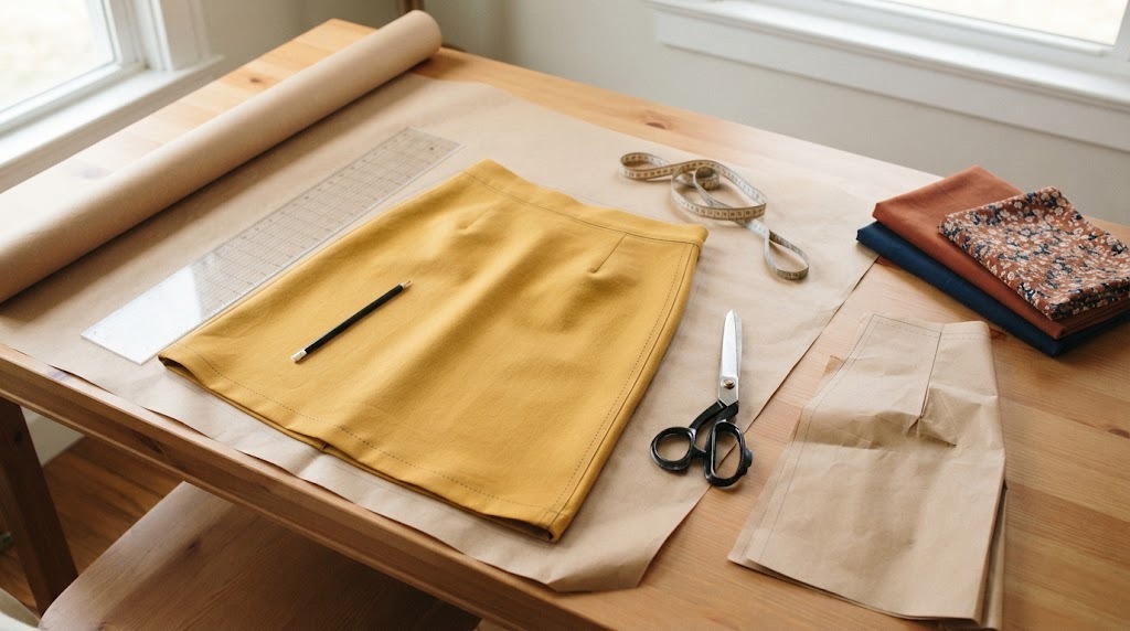 Mustard skirt on kraft paper with a ruler, shears and a paper pattern piece